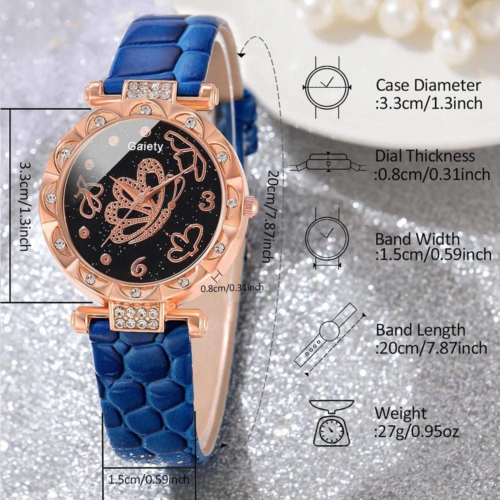 5PCS/Set Blue Women Watch Butterfly Element Quartz Wristwatch Simulation PU Leather Strap Watch Jewelry Set Gift For Her