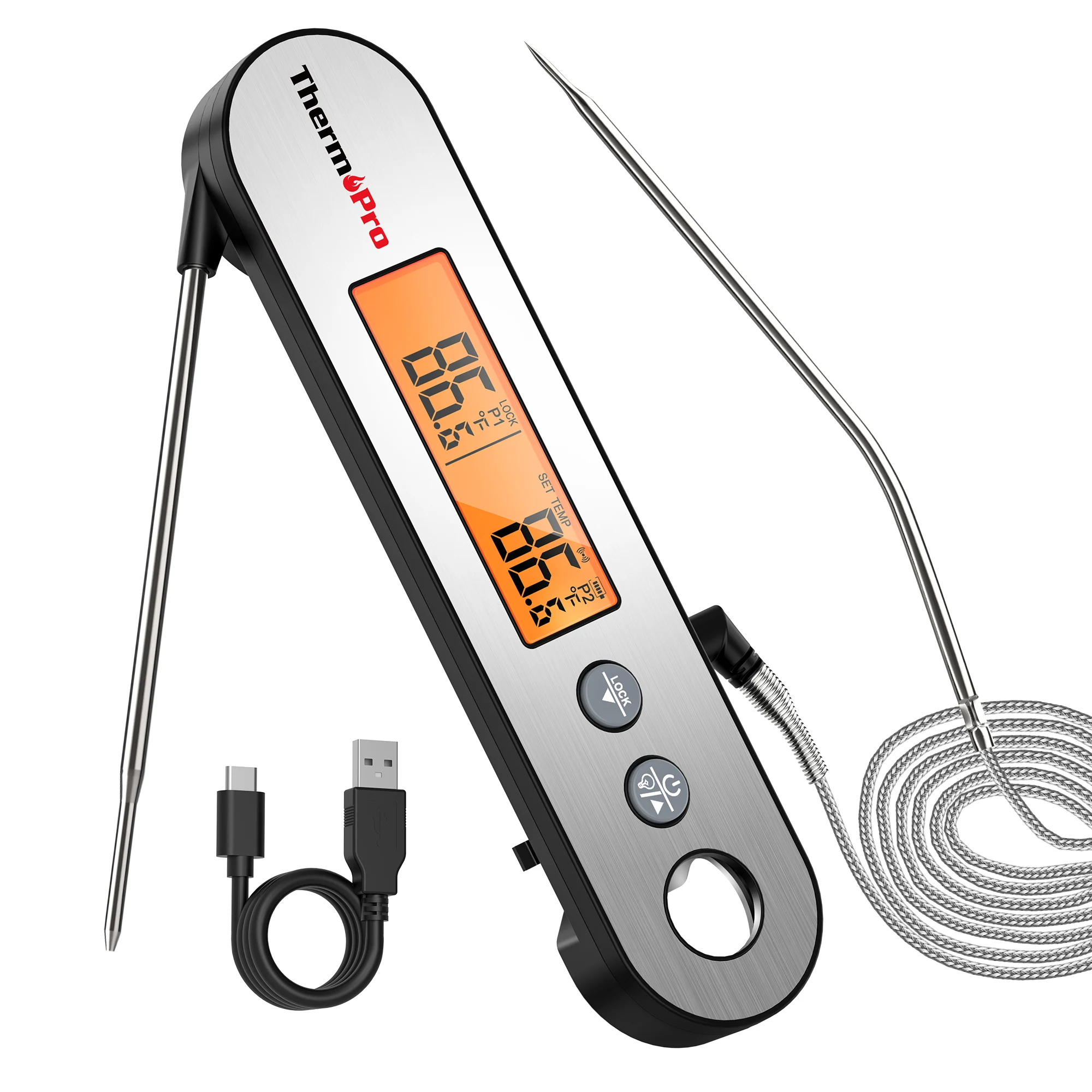 ThermoPro TP610 Instant Read Meat Thermometer Dual Probe Digital Rechargeable Waterproof Kitchen Food Cooking BBQ Grill Oven