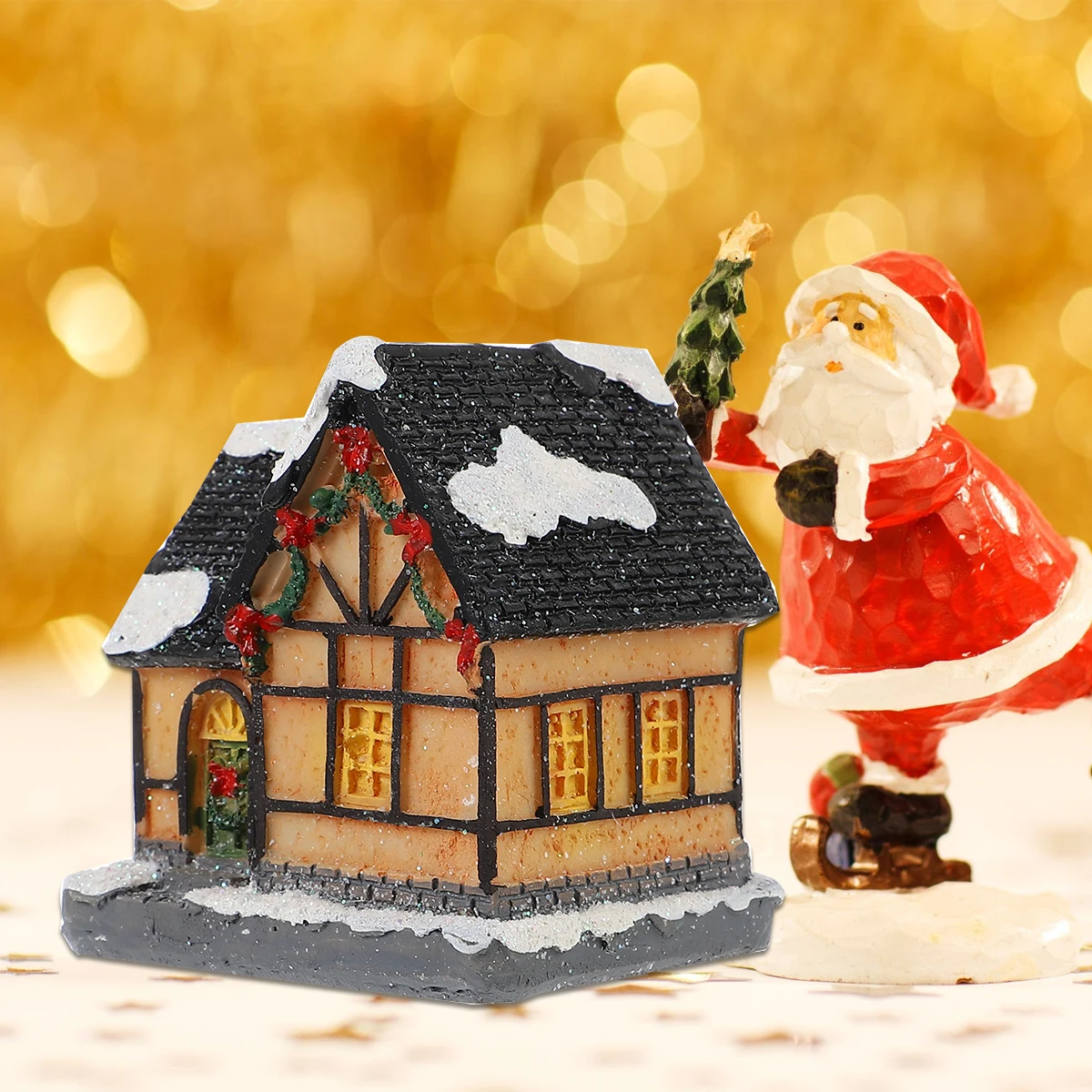

1Pcs Christmas Luminous House Resin Villa with LED Light Warm Glow Xmas Desktop Decoration Party Ornament Resin