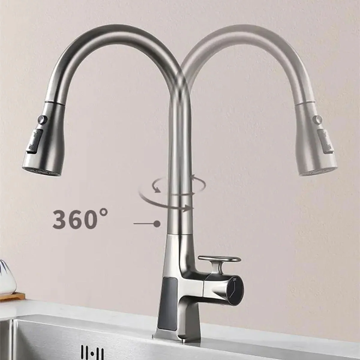 Inductive Kitchen Faucet Digital Display Pull Spout 360 Degree Rotation Mixer Tap for Deck Installation for Hotels