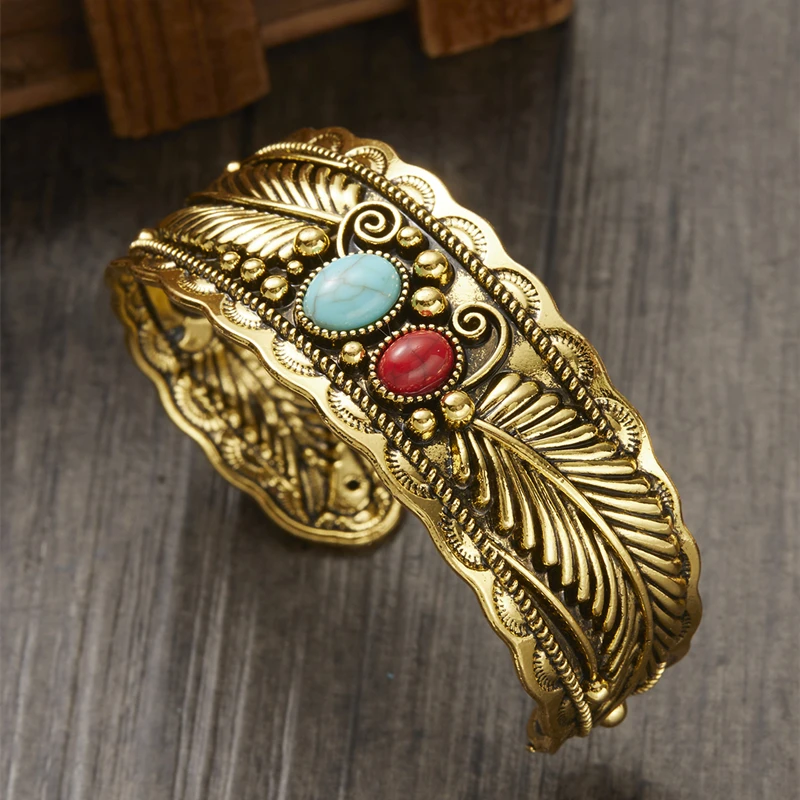 Vintage Natural Stone Feather Metal Bracelet For Women Men Fashion Rhinestone Open Adjustable Wide Bracelet Ethnic Jewelry Gift