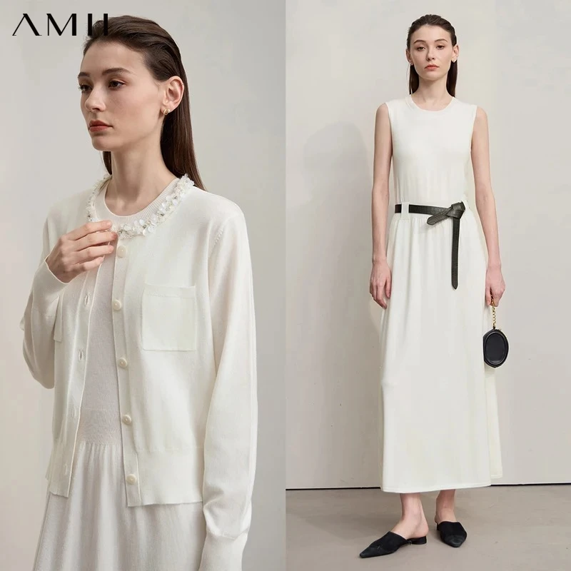 AMII Midi Dresses 2026 Autumn New Knitted Cardigan Sleeveless Long Dress Round Neck Solid Elegant Loose Ladies Clothing 12543209