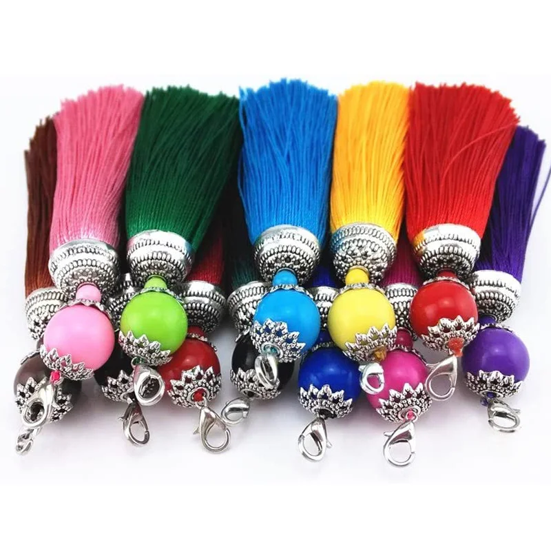 1/2/3Pcs 8cm Silky Lobster Clasp Tassel Key Chain Beads Charms Silk Tassel Pendant for DIY Crafts Jewelry Making Accessories