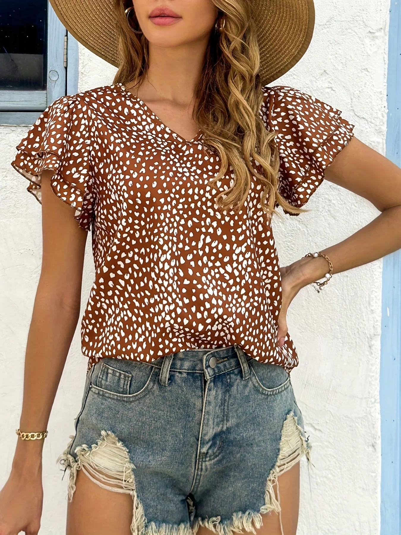 

New European and American fashion women's commuting lotus sleeve short-sleeve shirt casual V-neck women's loose short shirt