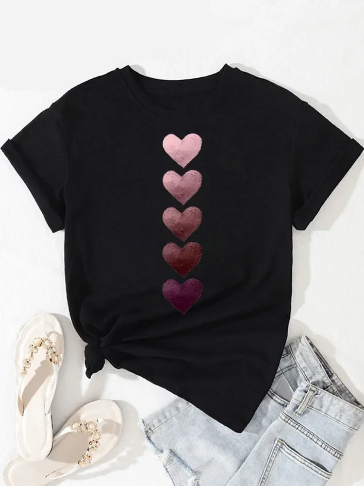 Fashion Women T Shirt Pink Heart Print T Shirt Round Neck Tops Female Short Sleeve Tee Shirt Women Tops Clothing Streetwear