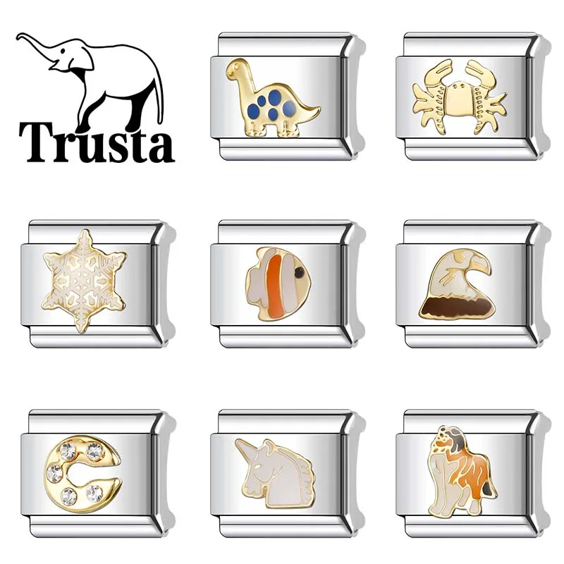 Trusta 2024 Fashion Rabbit Fish Dinosaur Charm Italian Links 9mm Stainless Steel Bracelet for Women DIY Jewelry Wholesale N228