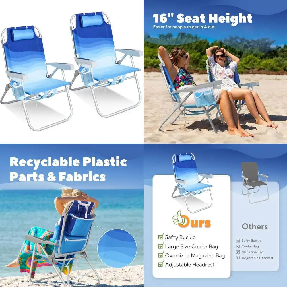 Portable Adult Beach Chairs 2-Pack with Backpack Straps, Cup Holder, and Large Cooler Storage for Outdoor Relaxation