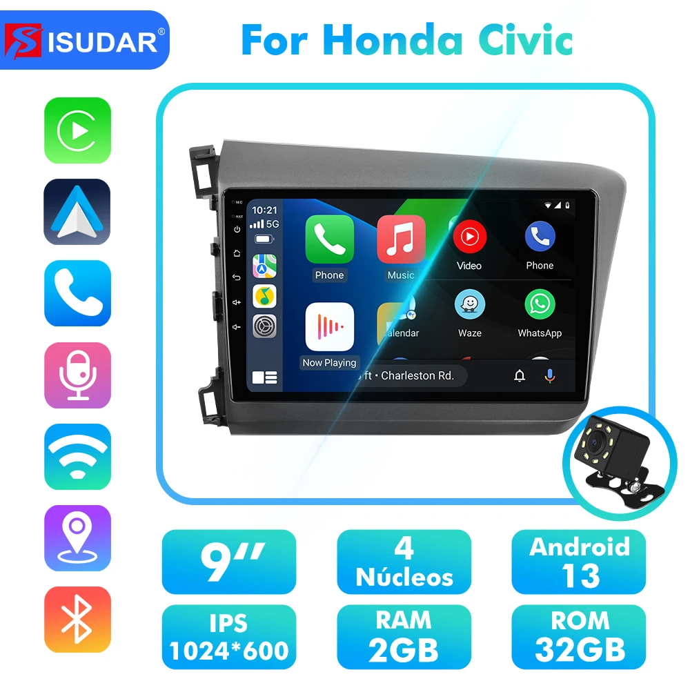 Android 13 Car Radio For Honda Civic 9 2012-2015 Carplay android Auto Multimedia 2 Din Head Unit Stereo 9 inch IPS screen wifi