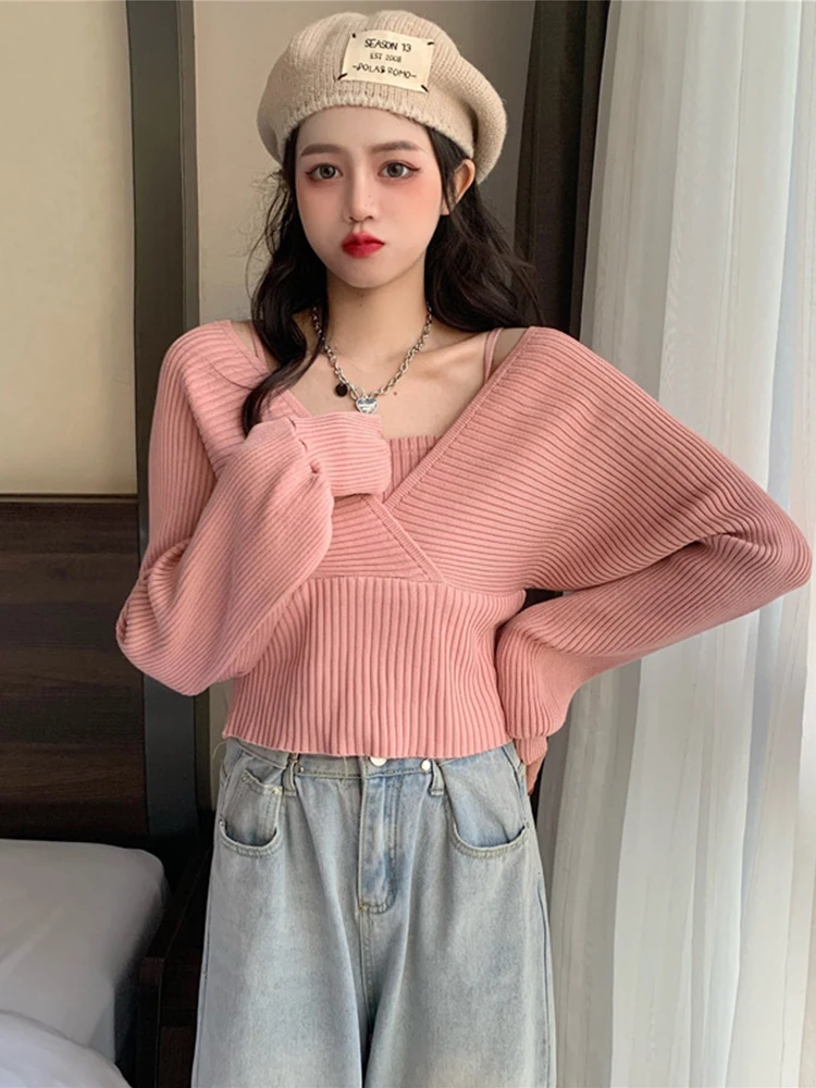 

Women's Fake Two Sweater, V-Neck, Full Knitted Sweaters, Korean, Short, Chic, Wild Fashion, Spring, Autumn, New, 2024