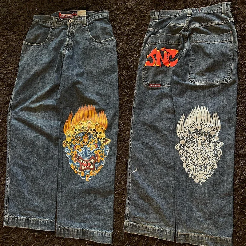 Jnco กางเกงยีนส์ทรงหลวมสไตล์ฮิปฮอปแบบกอธ Y2K วินเทจสไตล์สตรีทแวร์กางเกงยีนส์ขากว้างลำลองสำหรับผู้ชายผู้หญิง