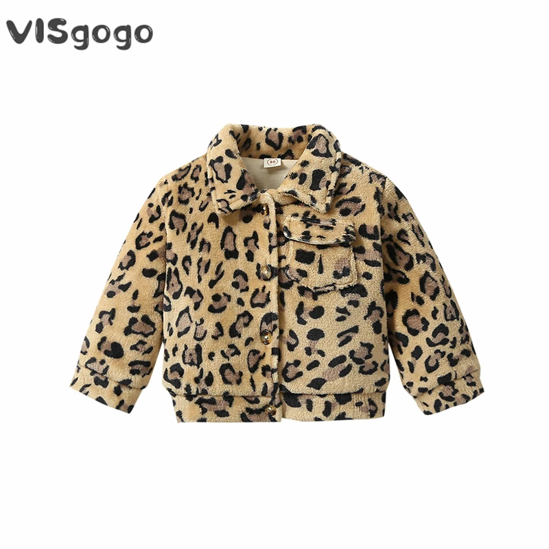 

VISgogo Toddler Girls Jackets Autumn Winter Plush Coats Solid Color/Leopard Print Lapel Button Long Sleeve Casual Outerwear