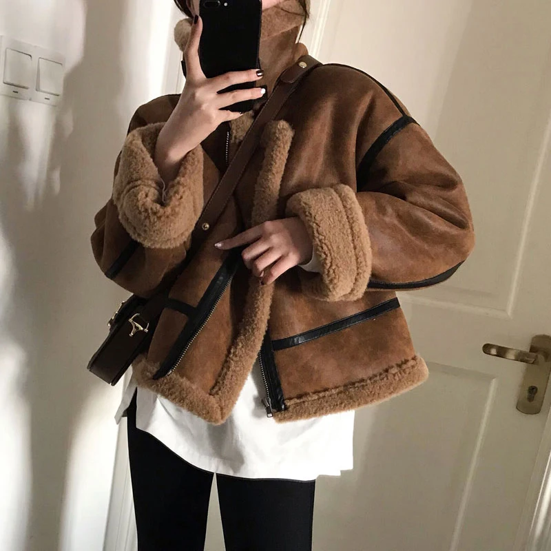 여성용 스웨이드 오토바이 자켓 양고기 모피 코트 짧은 느슨한 한국 스타일 겨울 패션 통근 윈드 브레이커 플러스 사이즈