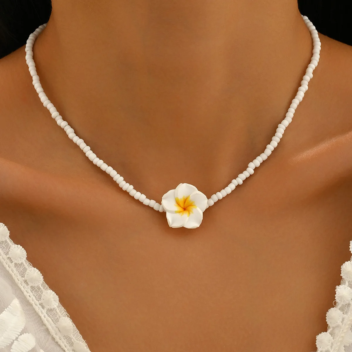 

Boho Summer Sweet Polymer Clay Flower Beaded Necklace for Women Cute Y2K Beads Short Choker Neck Chain Jewelry Accessories Gift