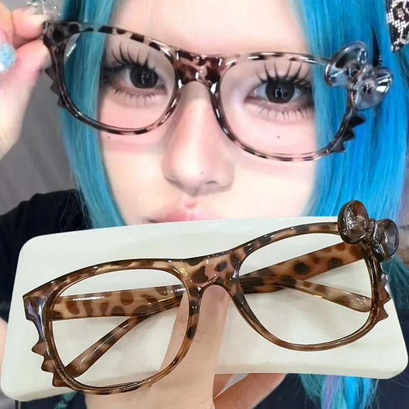 Y2K Leopard Print Cat Bow Eyeglasses Frame NEW Vintage Glasses Accessory Cosplay Bow Ear Toys Girls Gift Halloween Party Props