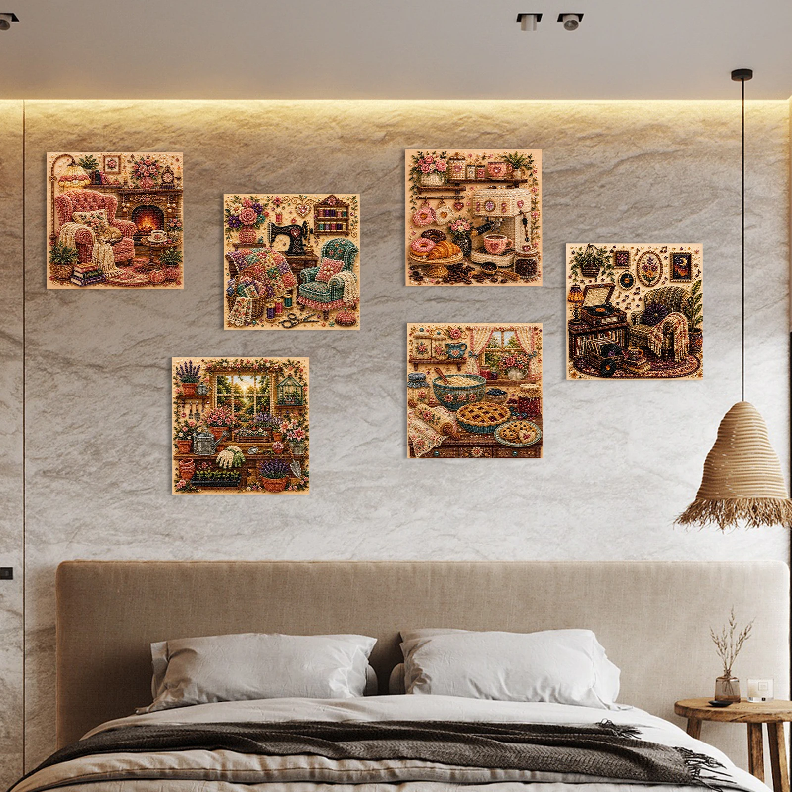 DIY Framed Pearl Painting Kit Cozy Home Bead Art Self-Adhesive Canvas 7.87x7.87in for Adults Decor