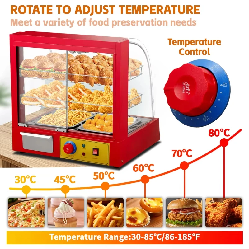 業務用カウンタートップフードウォーマー - バーガー、ペストリー、ドリンク用の加熱ディスプレイケース、60 ° C 恒温