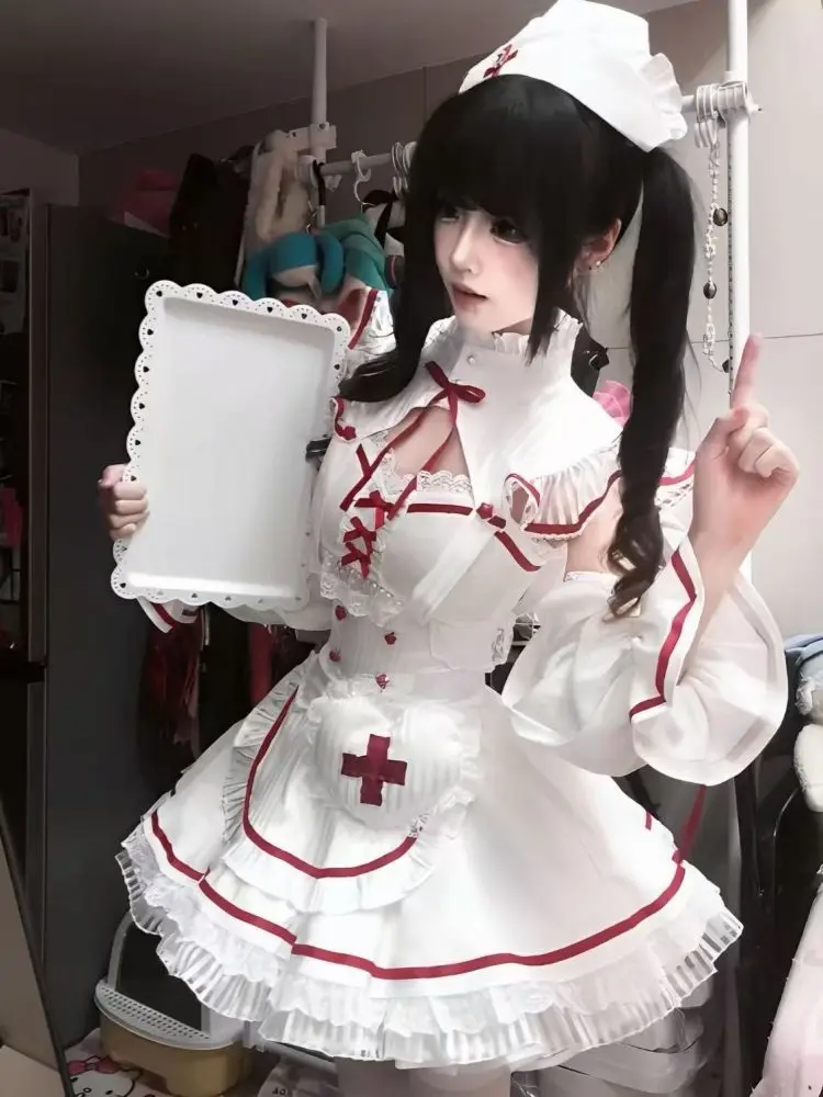 Japanese Lolita Sweet 2 Piece Set Women Bow Puff Sleeve Ruffle Layered Design Nurse Kawaii Harajuku Cosplay Party Daily Outfits view 5