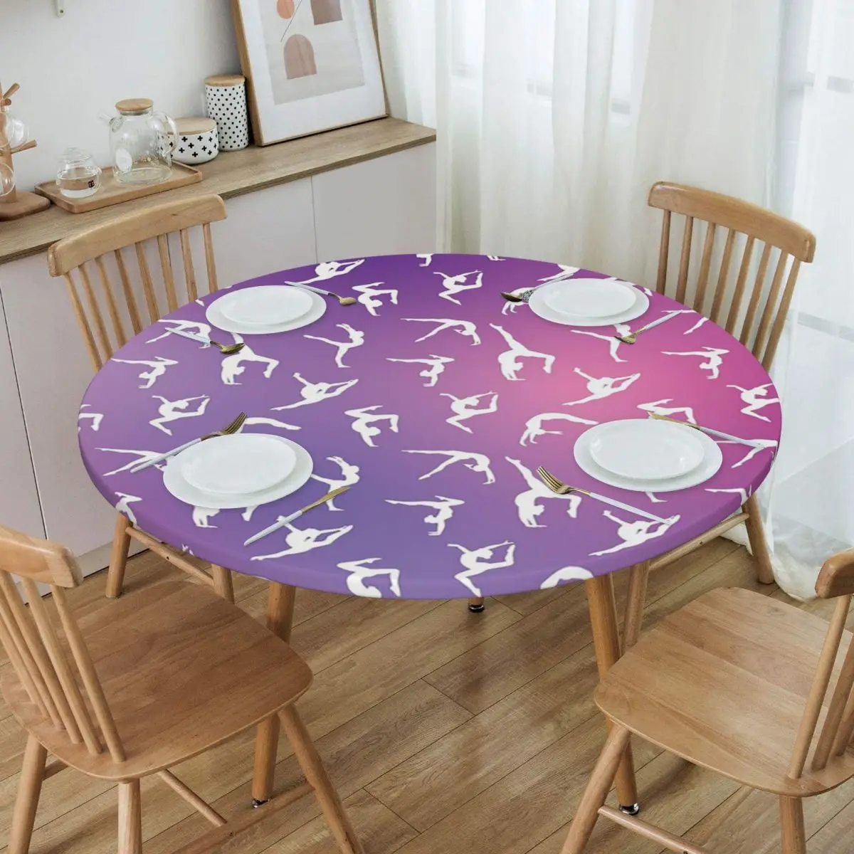 Dance Rhythmic Gymnastics Pattern Waterproof Round Tablecloth Oilproof Table Cloth for Kitchen Events Dining Table Cover