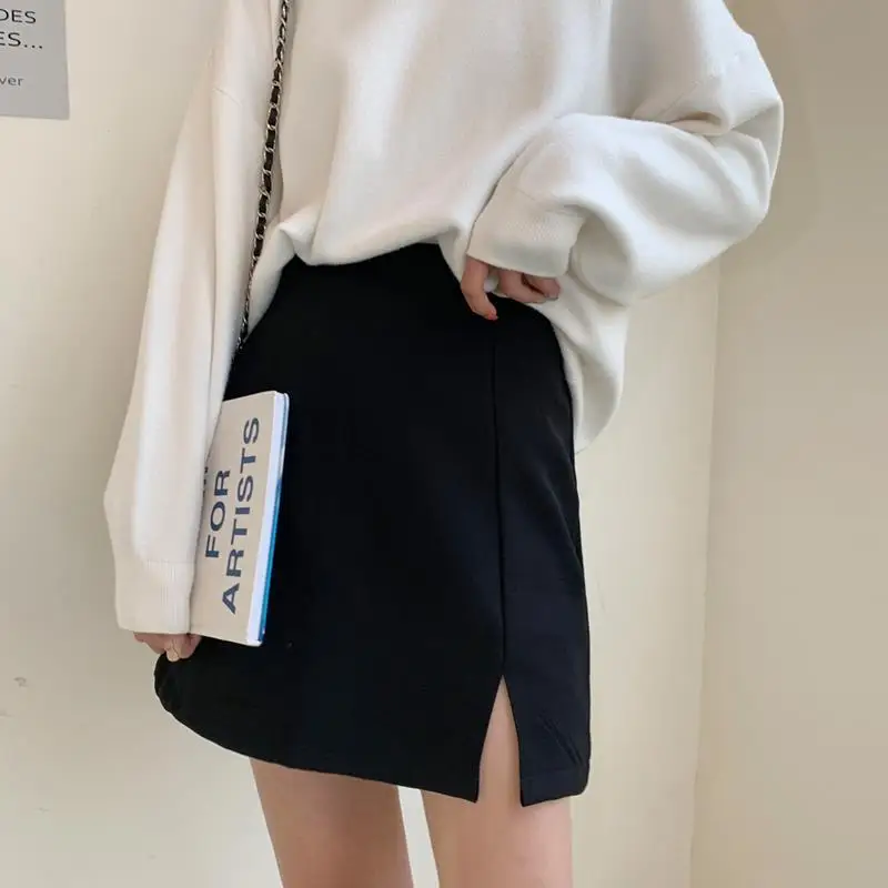 Skirts Women Casual All-match Black Pure High Waist Split Design Chic Teens Trendy Clothing Summer Daily Ulzzang Юбка Женская