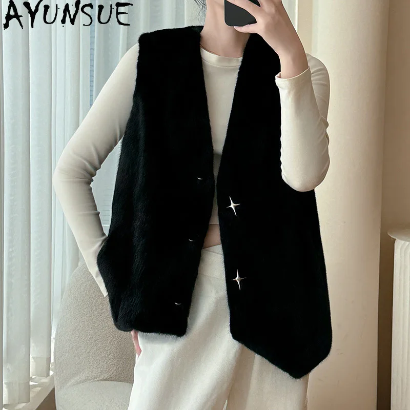

AYUNSUE Natural Mink Fur Woman's Vest V-Neck Sleeveless Real Fur Jackets for Woman Clothing Winter Warm Whole Mink Шуба Женская