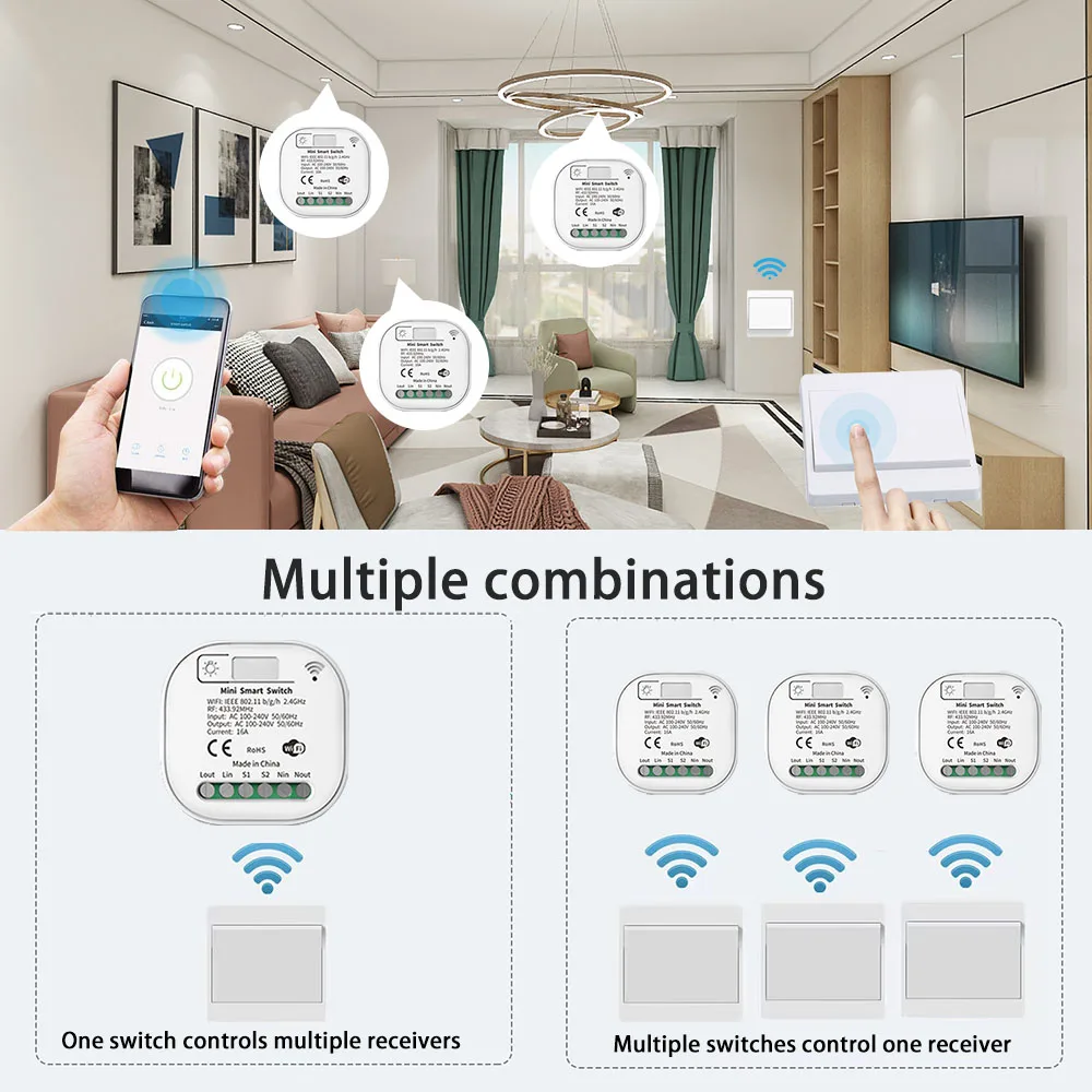 Tuya Smart WiFi and Rf Light Switch 433MHz Kinetic Wall Switch No Battery Need Wireless Remote Control Timing 220V 16A for Alexa