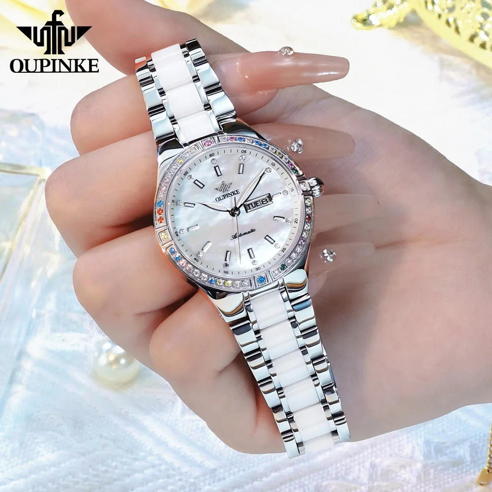 OUPINKE 3283 Luxury Dual Calendar Automatic Watch For Women Diamond Waterproof Mechanical Wristwatch Ceramic Steel Strap Watches