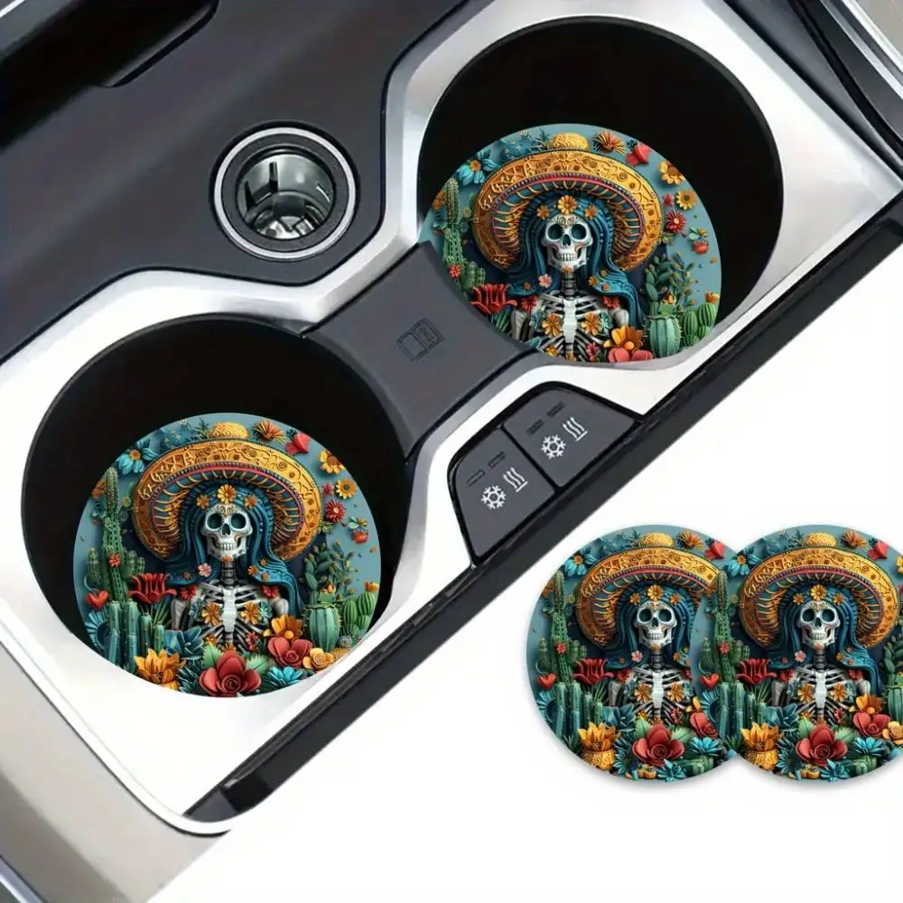 Day Of The Dead Skull Ghost Bride EVA Car Coasters Spill-Proof Universal Fit Halloween Decor & Gift