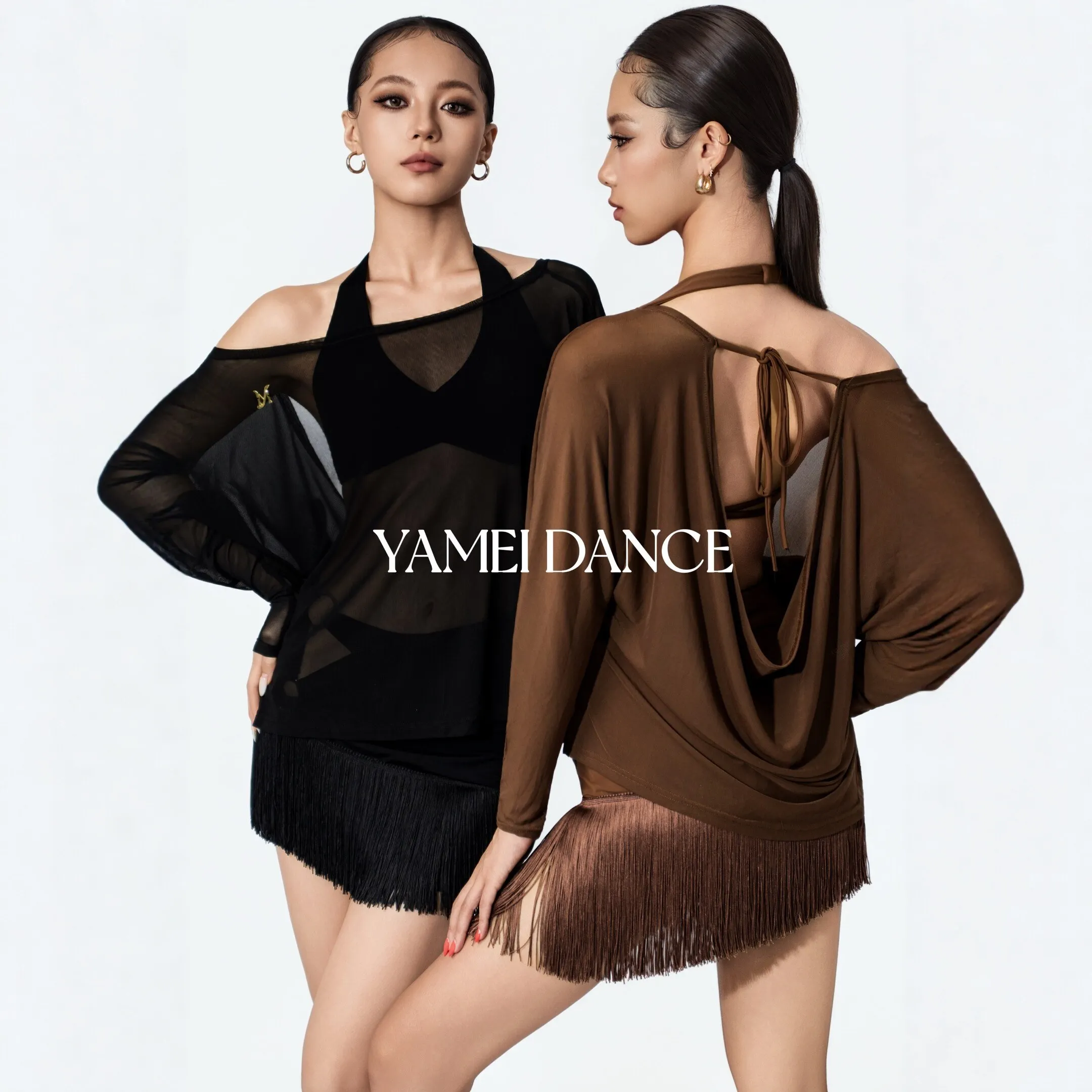 New Sexy Mesh Loose Latin Dance Clothes Long Sleeves Tops Tassel Dance Skirt Women Chacha Rumba Dance Performance Cloting SS2944