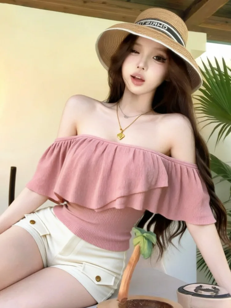 

Summer Casual High Waist Knitted Short Set Women's Sweet Style One Shoulder Ruffle Hem Short Pants Matching Top Bottoms