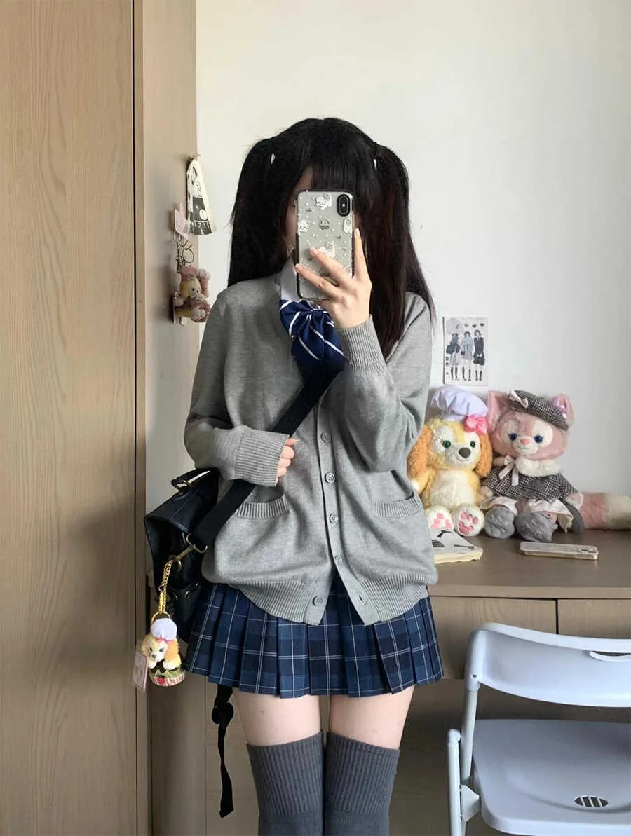 طقم سترة محبوكة بأسلوب حلو للنساء، طقم من ثلاث قطع على الطراز الكوري والياباني، كارديجان بأكمام طويلة وياقة على شكل V للربيع ...