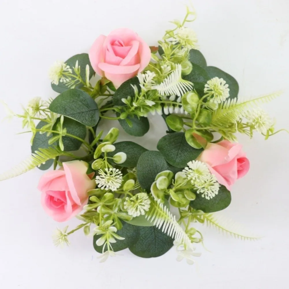 Rose Wreath Candle Holder Exquisite Table Ornaments Eucalyptus Leaf Candlestick Centerpiece Decoration Artificial Green Leaves