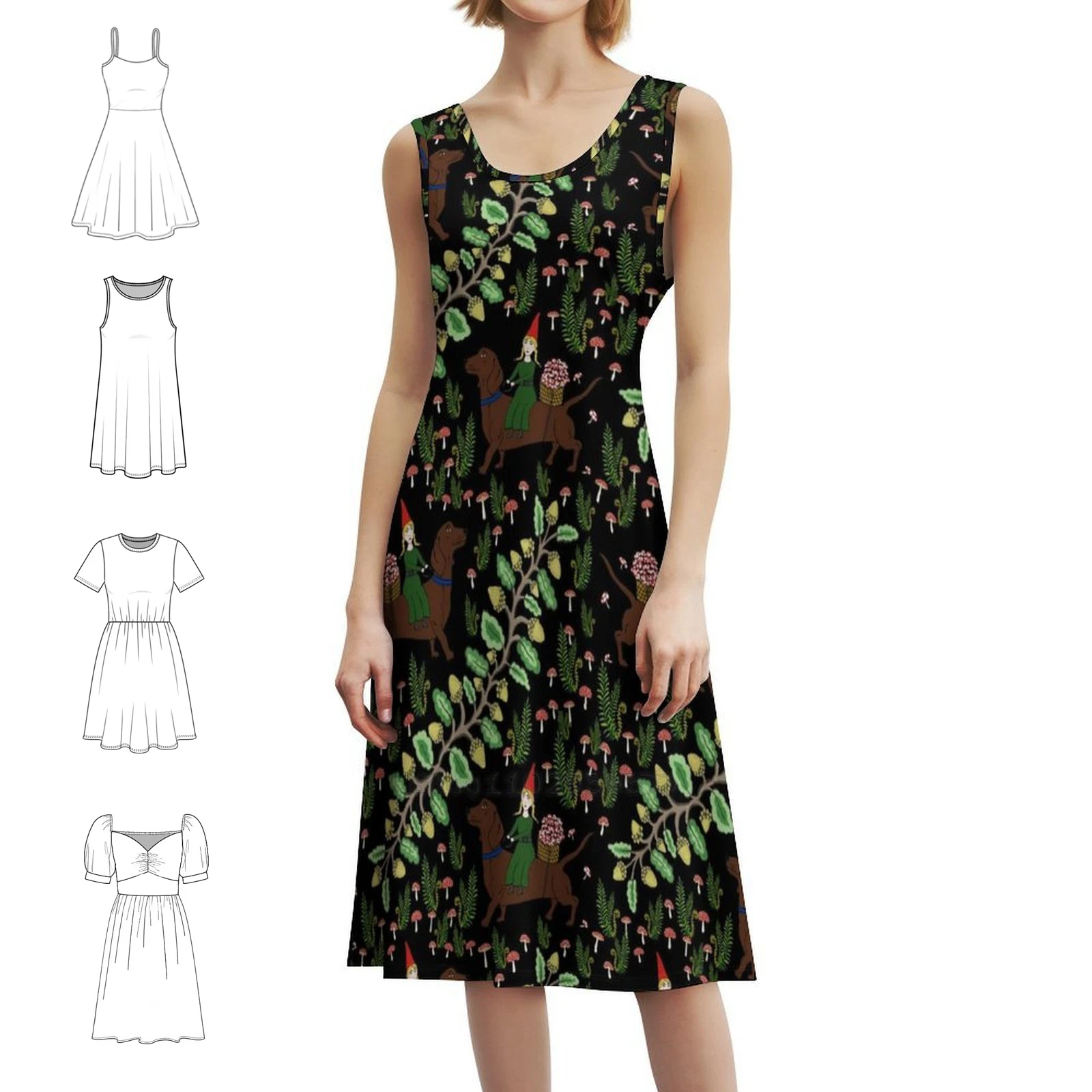 

Гном и такса в грибах и желудном лесу, богемное платье без рукавов для женщин, пляжные вечерние платья с принтом, гном и