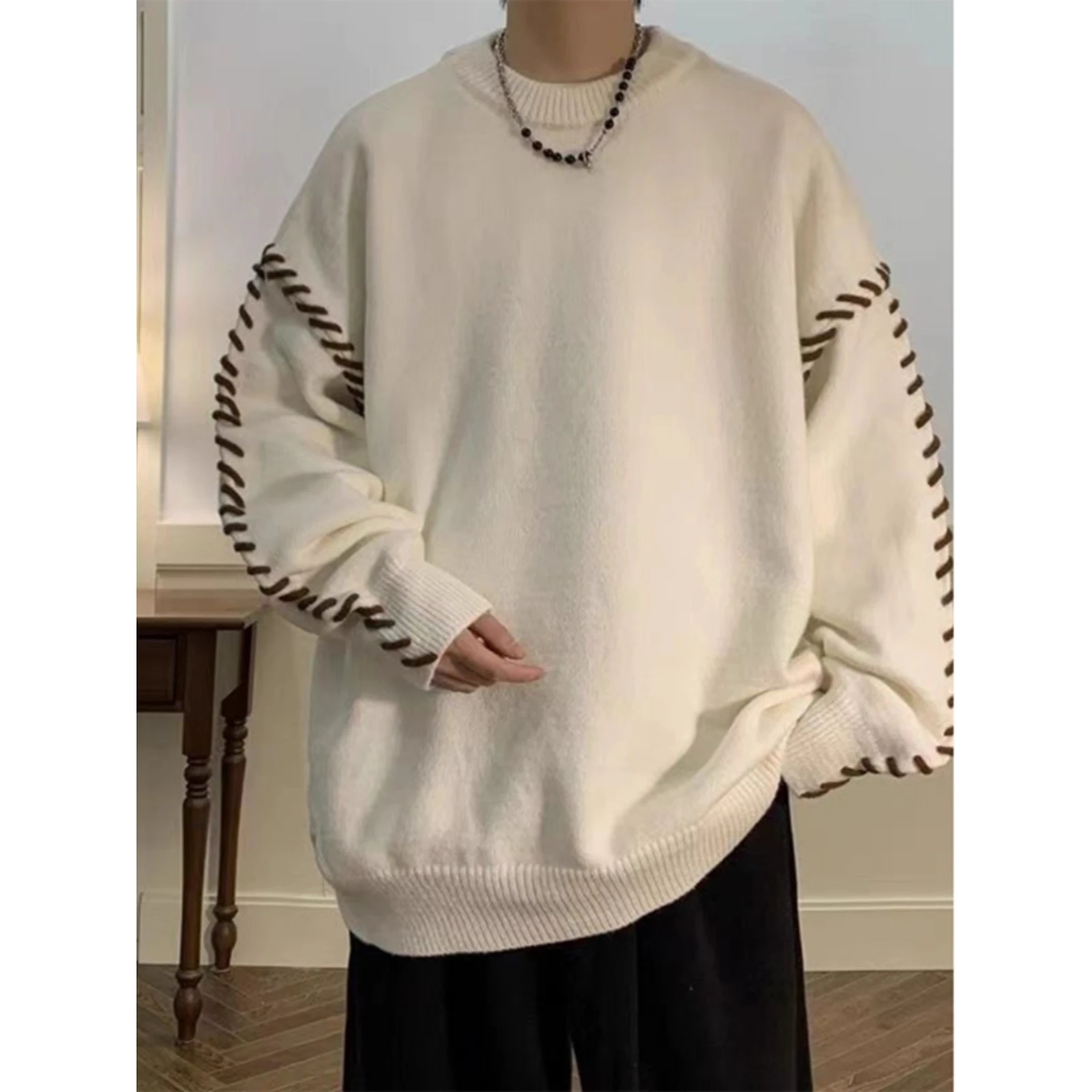 

Men's Oversized Knitted round Ne Sweater Autumn Winter Thiened Retro Sle Inner Wear Loose Polyester Long Sve Top
