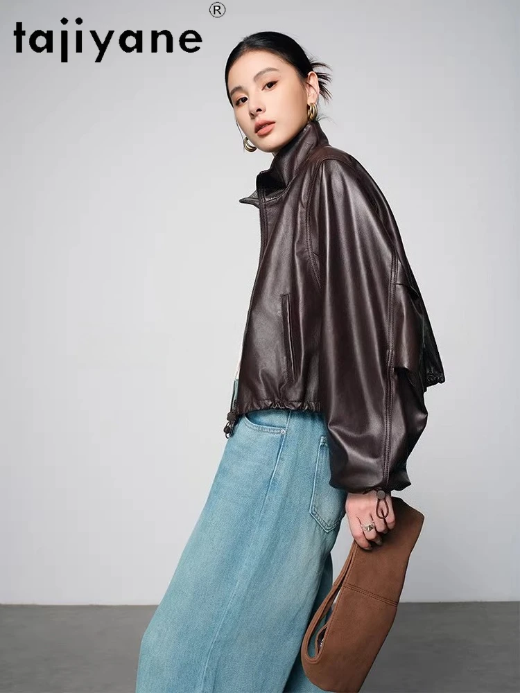 TAJIYANE 本物の羊皮ジャケット女性用ショートスタンドカラーコートカジュアル本革ジャケット2025秋服 дубленка женская