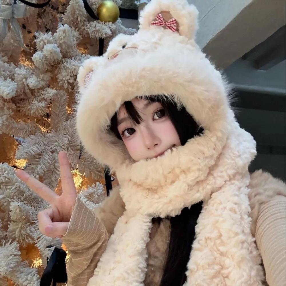 Cute 3-in-1 Little Bear Hooded Scarf Windproof Keep Warm Gloves Scarf Hat with Mittens Soft Winter Scarf Autumn Winter
