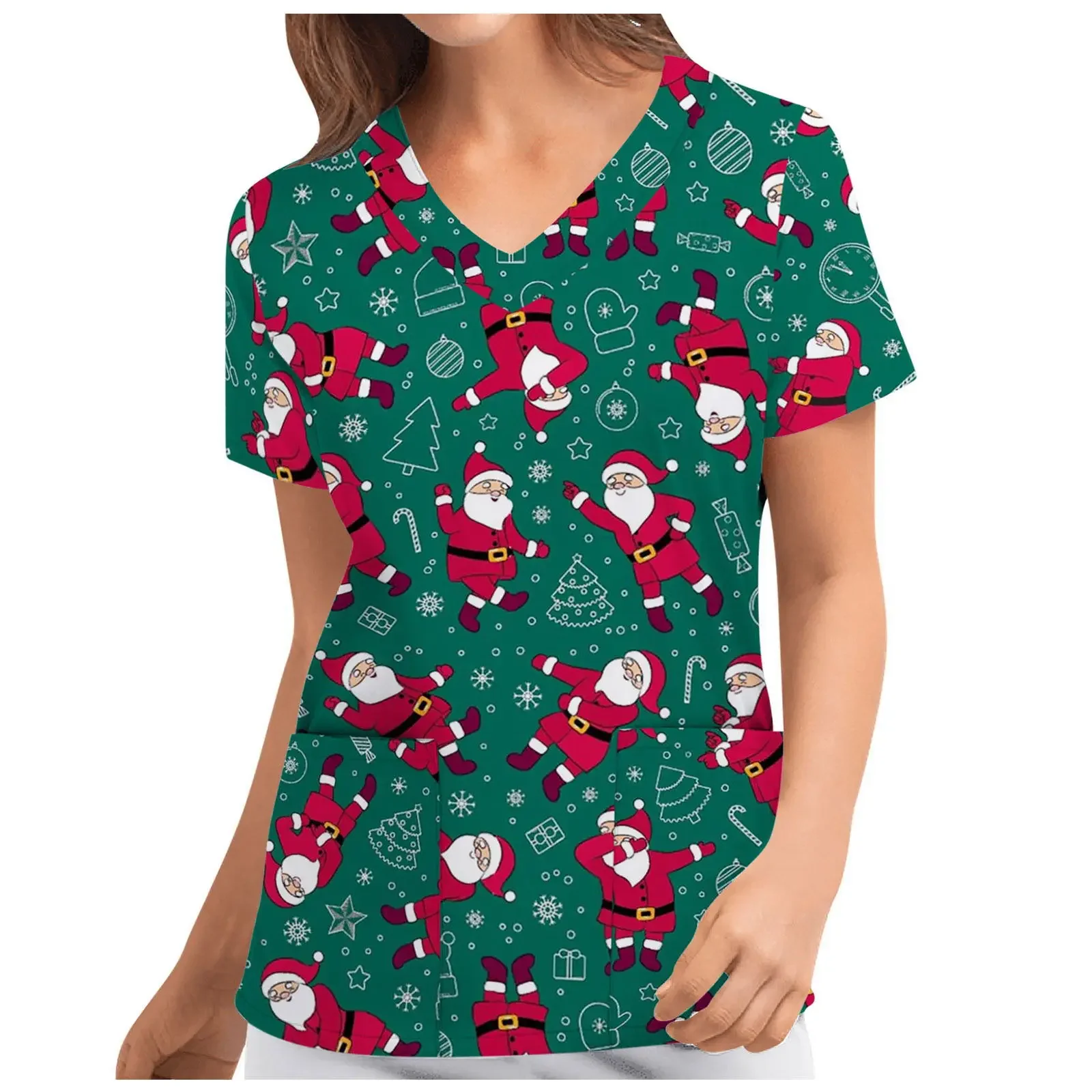 Weihnachten Unisex Medizinische Uniform Cartoon Print Krankenschwester Scrubs Tops Santa Claus Arbeitskleidung Frauen Taschen Beauty Spa Scrubs Bluse