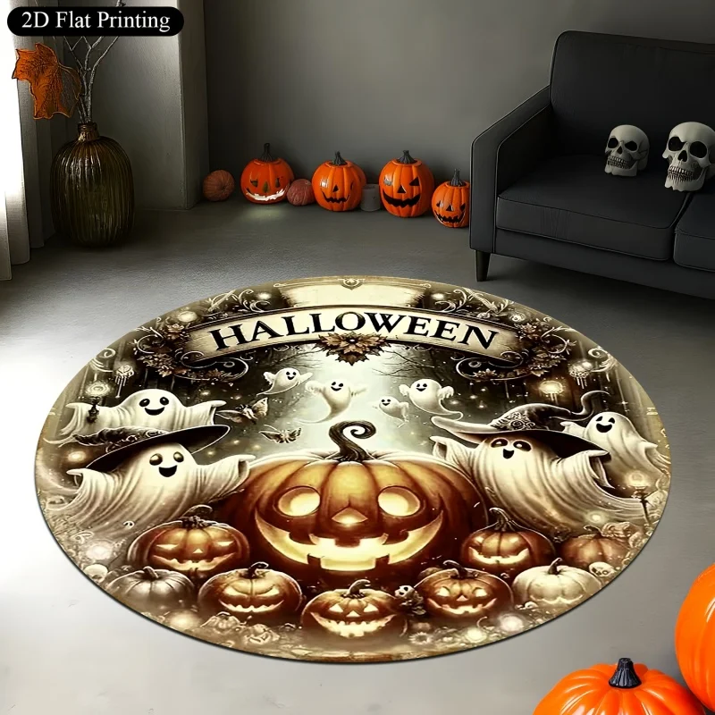 Vintage Pumpkin Skull Halloween Round Rug, Trick Or Treat Printed Circular Floor Mat, Spooky Indoor Home Decoration