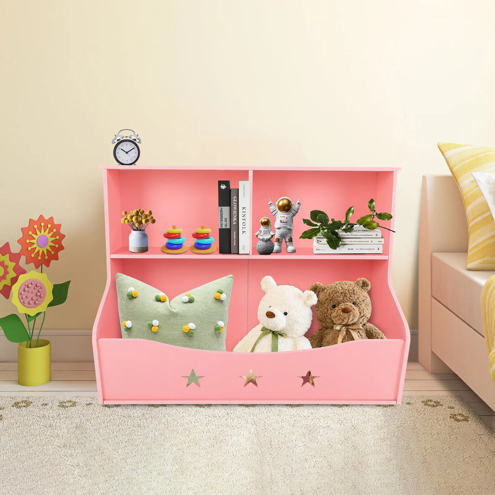 

2-Tiers Kids Bookshelf Bookcase Bedroom Toy Storage Shelf w/ Organizer Cabinet Pink