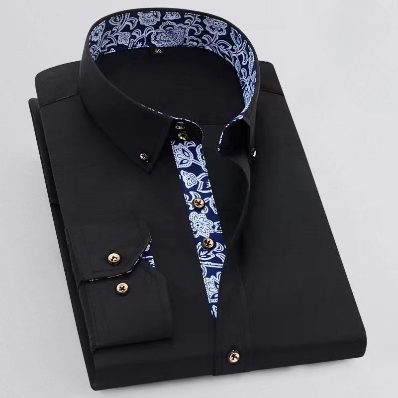 قميص رجالي بياقة بورسلين زرقاء وبيضاء ، طية صدر ، بلون سادة ، أكمام طويلة ، كلاسيكية وأنيقة ، جودة عالية ،