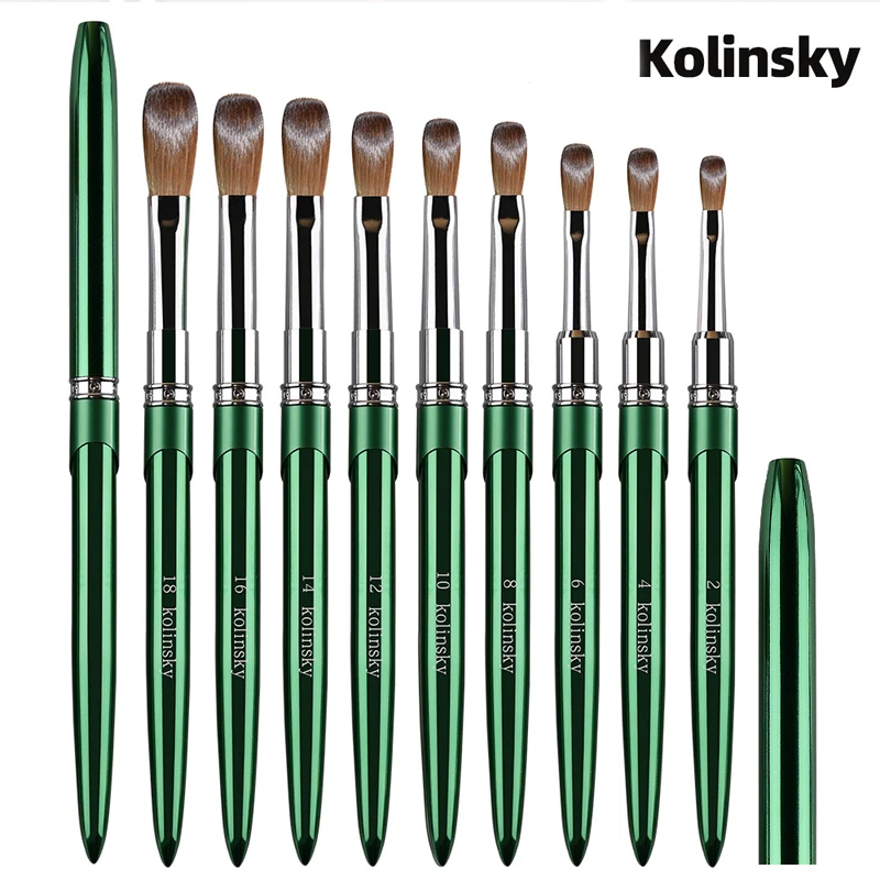 فرشاة أظافر أكريليك كولينسكي عالية الجودة لصالون الأظافر 100% أخضر نقي بيضاوي مجعد على شكل مقبض معدني فرشاة أظافر أكريليك #5