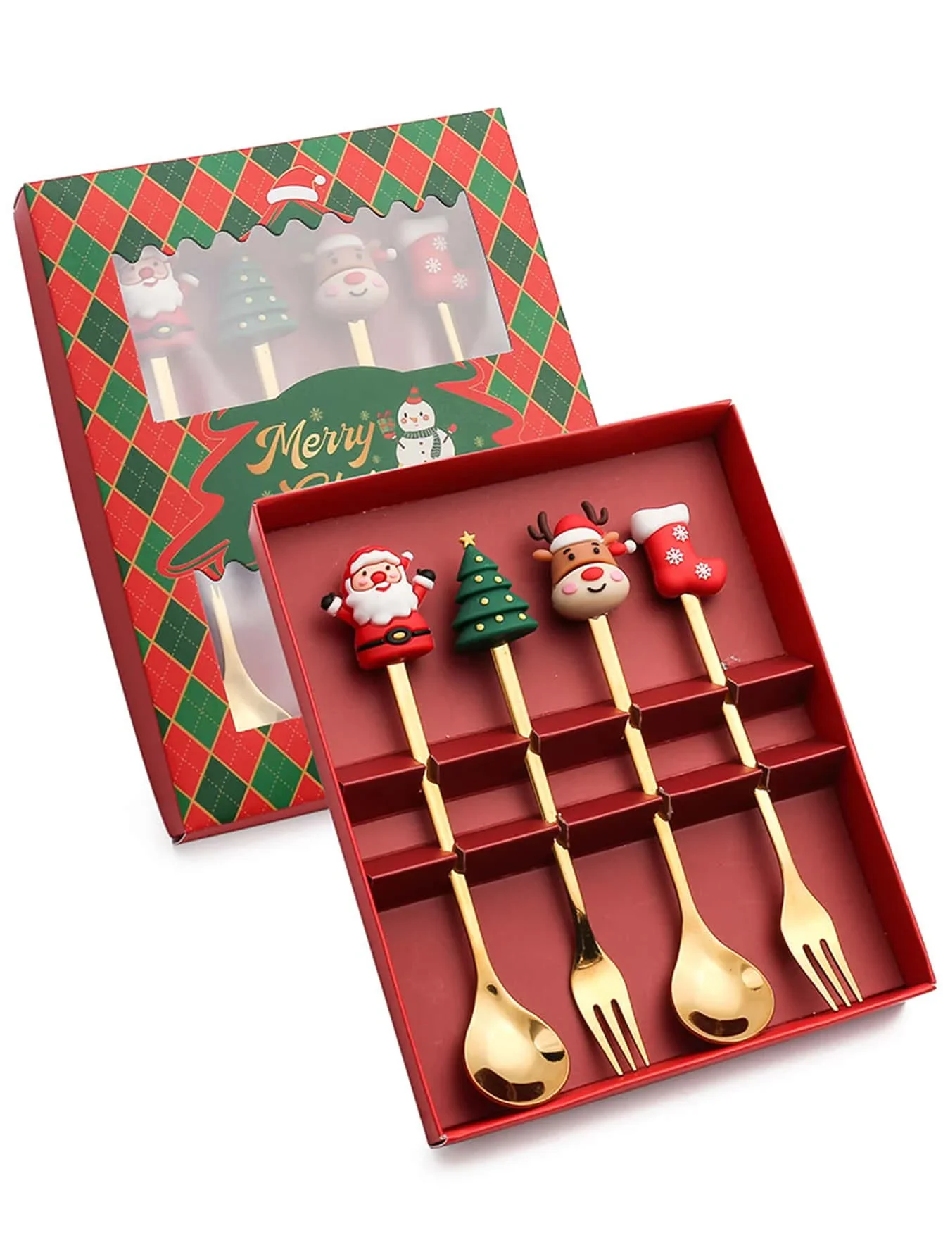 

Christmas Coffee Spoons Forks Set 2/4Pcs Stainless Steel Spoon Forks Christmas Gifts for Kids Red/Green Tableware Gift Box Set