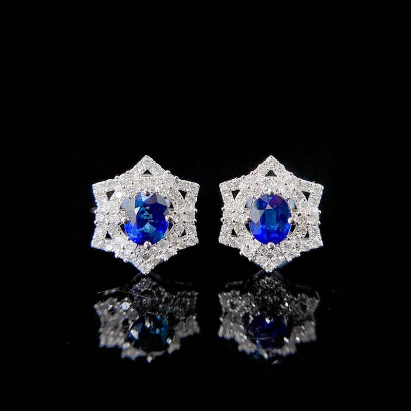 KUGG 100% 18K White Gold Earrings Women Shiny Diamond Natural Sapphire Stud Earrings Elegant Style High Gemstone Jewelry