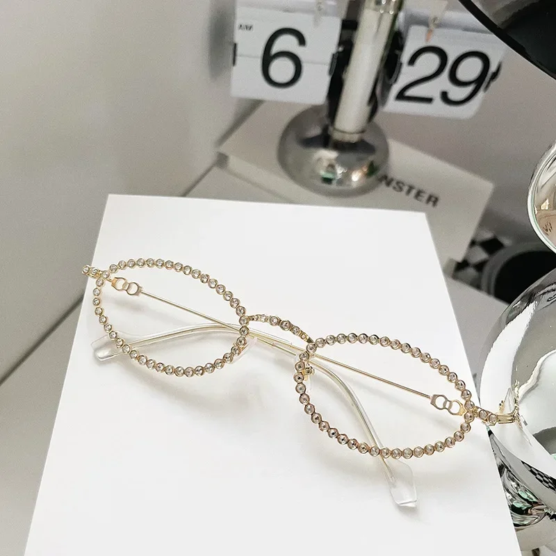 Vintage Full Crystal Anti-blue Light okulary dla kobiet nowy stop mały owalny Rhinestone błyszczące przezroczyste okulary ramka okularów przeciwsłonecznych — zdjęcie 7
