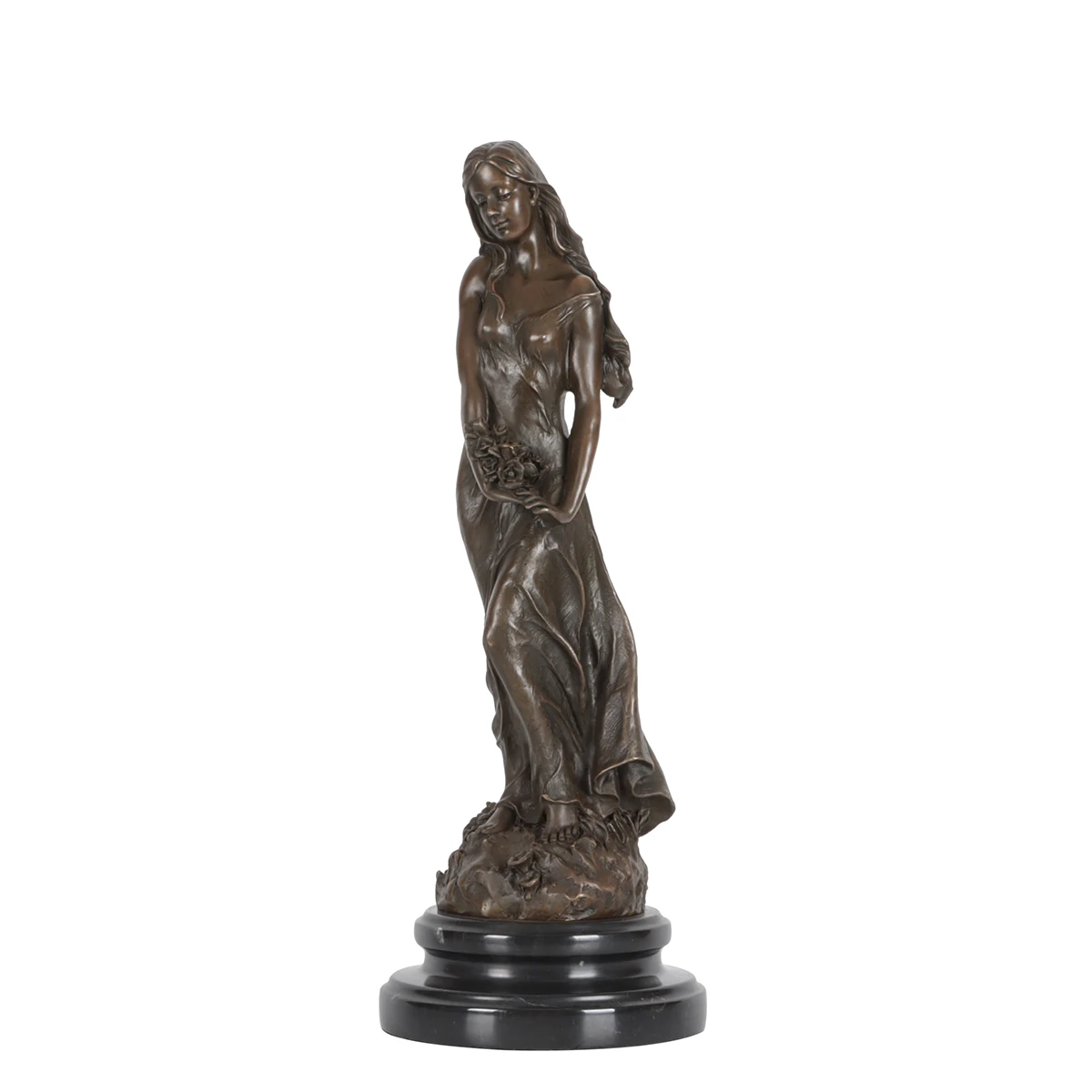 Pretty Girl with Flowers Sculpture Bronze Female Statue Vintage Handmade Art Figurine for Desktop Decor