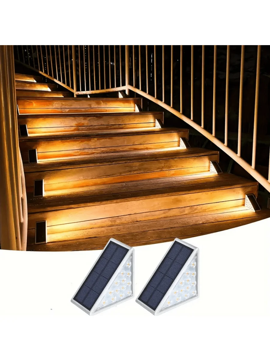 Luces solares para escaleras al aire libre, 2 piezas, con decoración triangular, emisores de luz blanca y luz cálida, adecuadas para peldaños, cercas