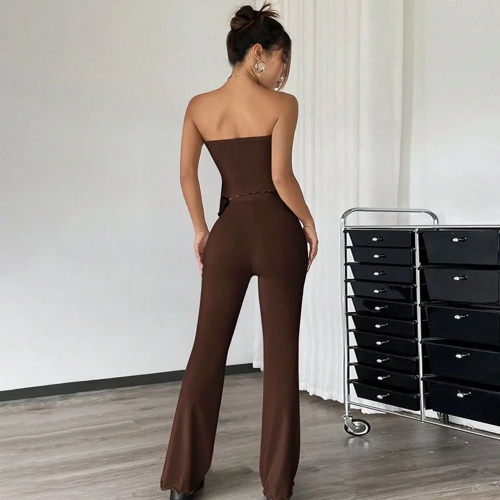2026 Woman 2 Piece Set Outfit Sexy Bodycon Tube Tops Long Pants Simple Style All-match Solid Color Off Shoulder Fashion Casual