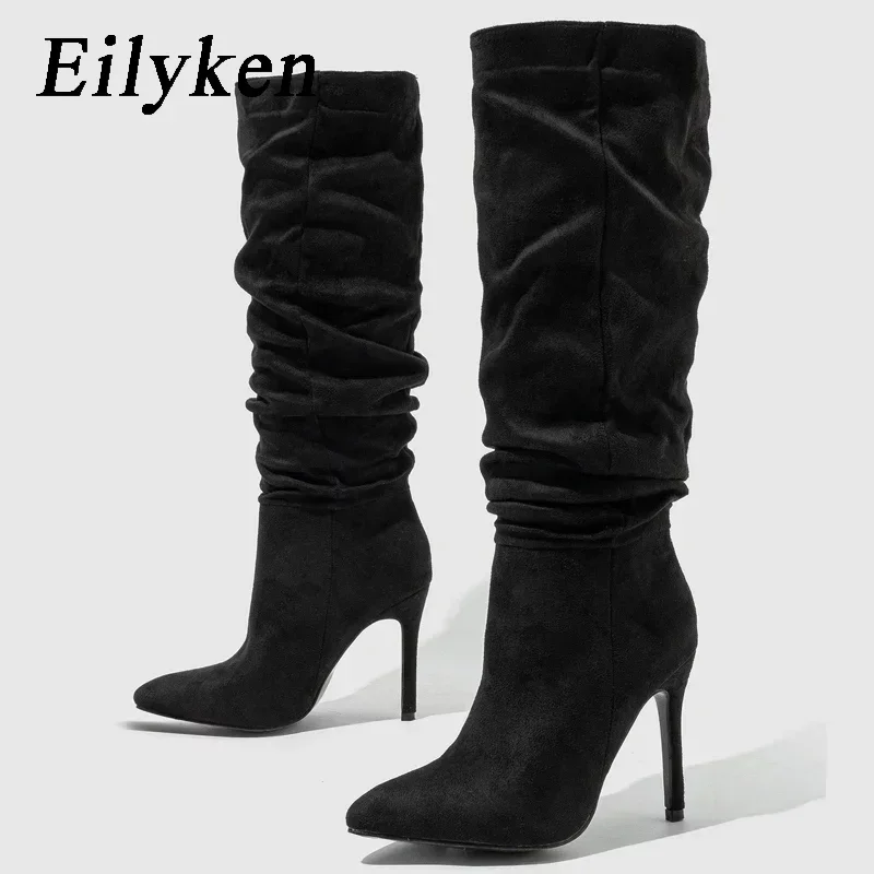 Eilyken nuovo Design pieghettato scarpe a punta da donna stivali al ginocchio autunno inverno scarpe con tacchi alti sottili moda stivaletti lunghi moderni