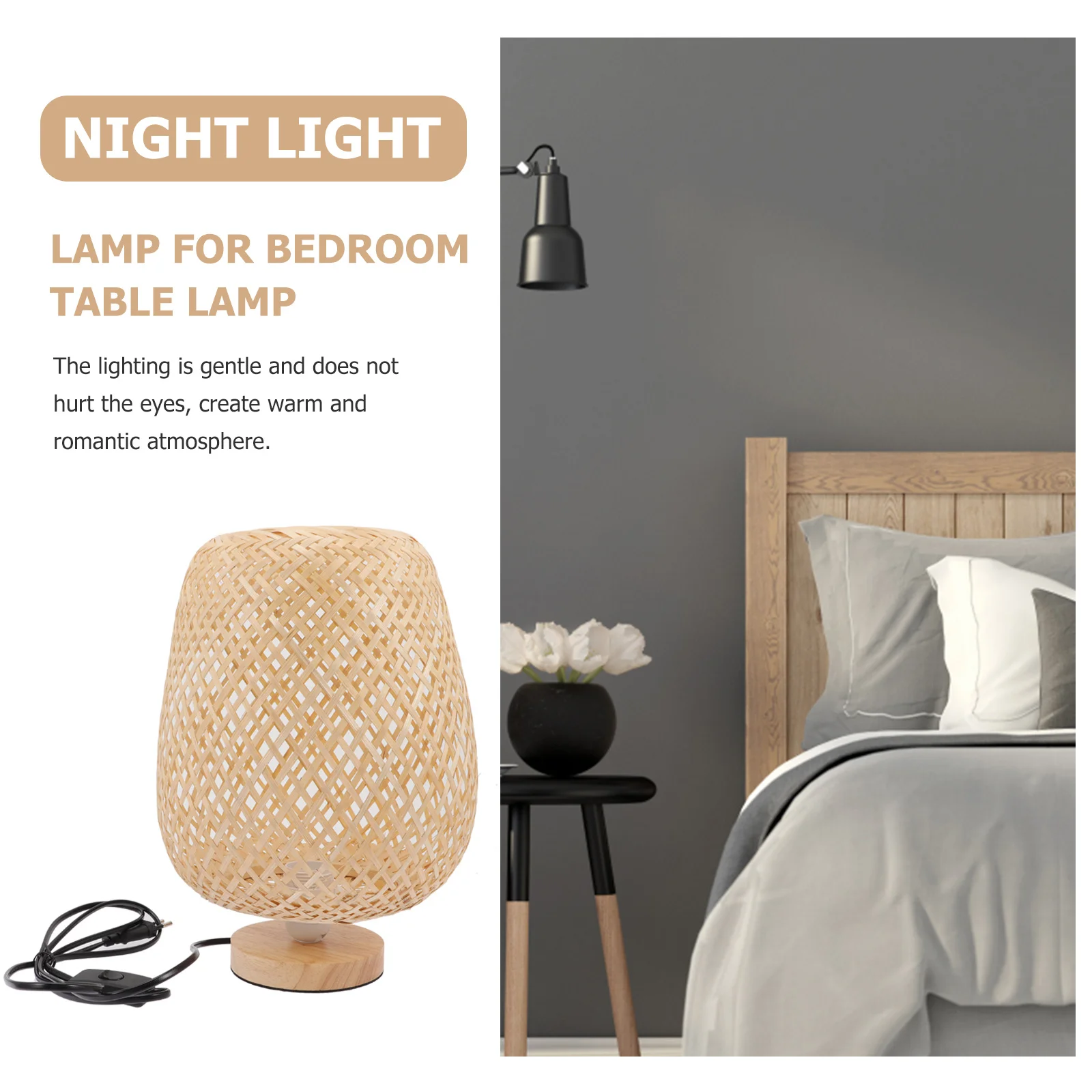 

Bamboo Weaving Desk Light Eu Plug Durable Handmade Lampshade Soft Eye Protection Home Decoration Desktop Lamp Table Lamp