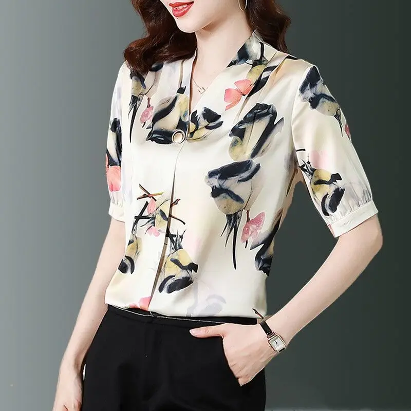 Women Vintage Floral Print Ice Silk Elegant Blouse 2023 Summer Fashion V-Neck Short Sleeve Office Lady Casual Shirt Blusas Mujer