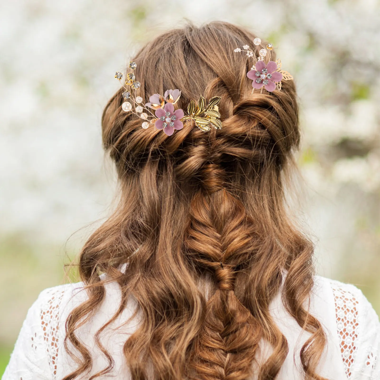 

4Pcs Hair Comb Set Wedding Bridal Accessories Pearl Rhinestone Combs Clips for Bridesmaids Prom Party Green Pink Floral